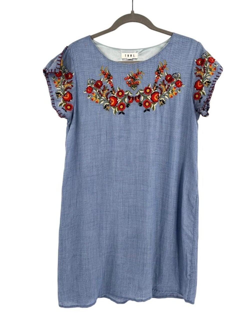 THML Women's Blue Gauze Floral Split Shoulder Shift Dress Medium